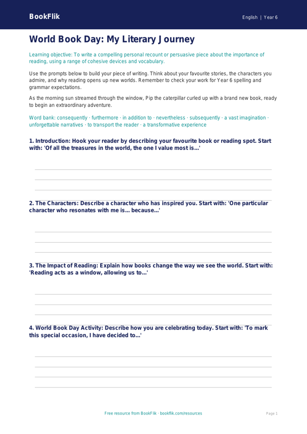 Free World Book Day Writing Frame | Year 6 Core | BookFlik worksheet preview — English World Book Day