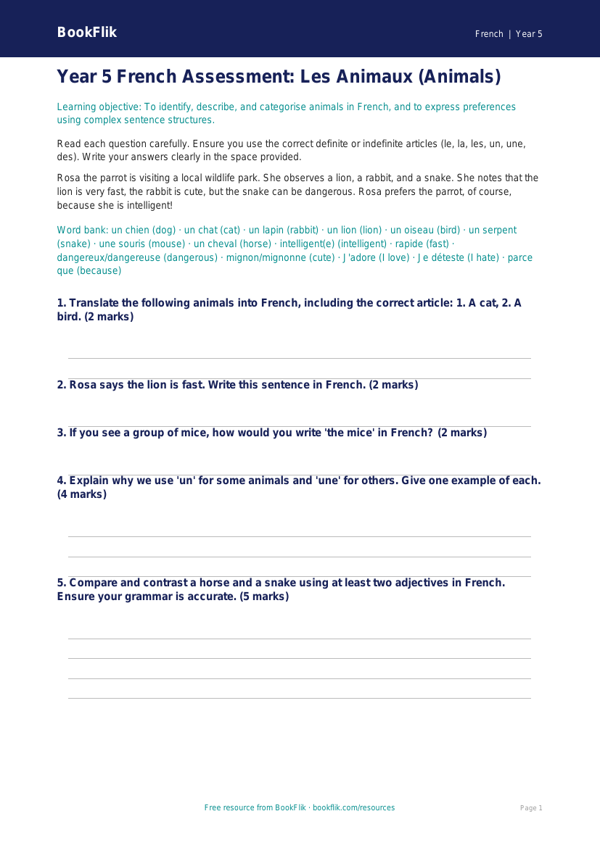 Free Animals Assessment | Year 5 Greater Depth | BookFlik worksheet preview — French Animals