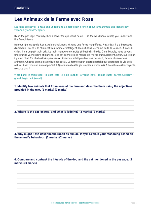 Free Animals Comprehension | Year 5 Greater Depth | BookFlik worksheet preview — French Animals