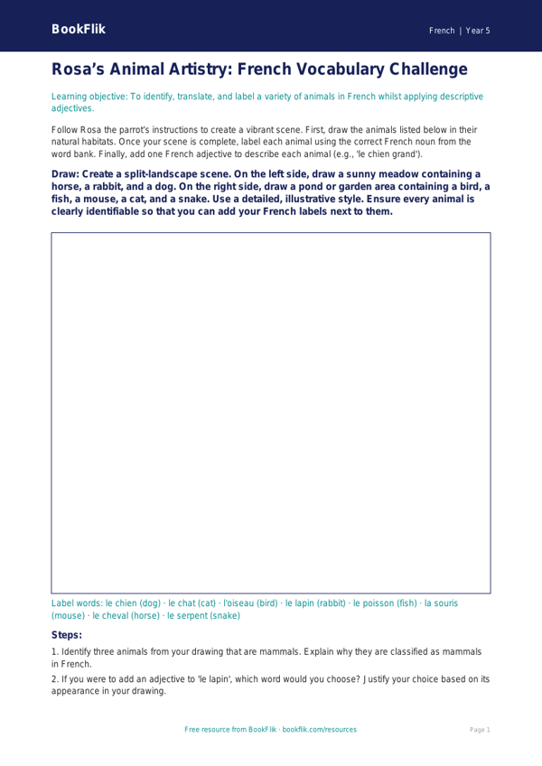 Free Animals Drawing Sheet | Year 5 Greater Depth | BookFlik worksheet preview — French Animals
