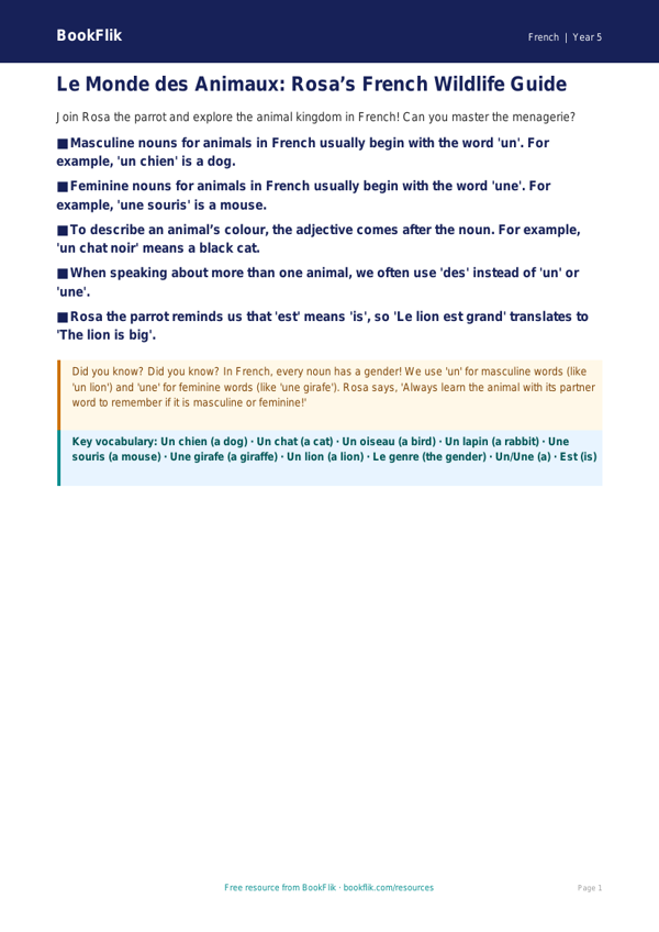 Free Animals Poster | Year 5 Greater Depth | BookFlik worksheet preview — French Animals