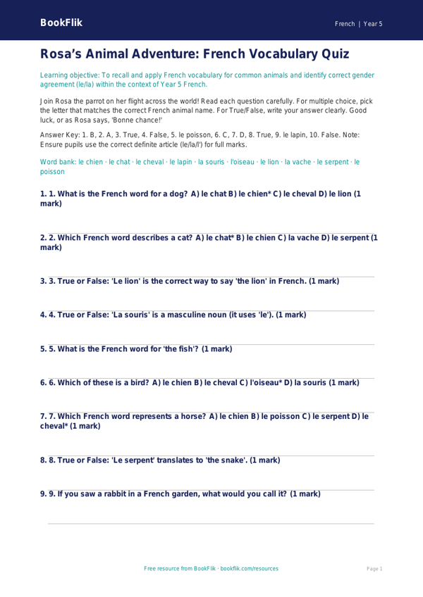 Free Animals Quiz | Year 5 Greater Depth | BookFlik worksheet preview — French Animals