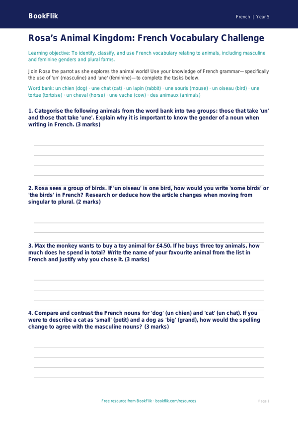 Free Animals Worksheet | Year 5 Greater Depth | BookFlik worksheet preview — French Animals