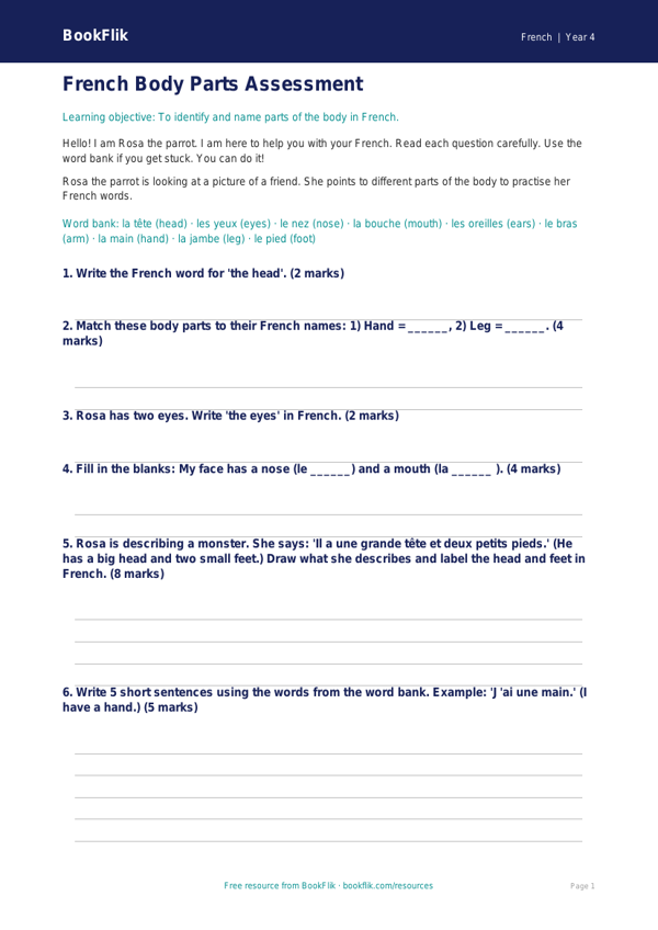 Free Body Parts Assessment | Year 4 Supported | BookFlik worksheet preview — French Body Parts