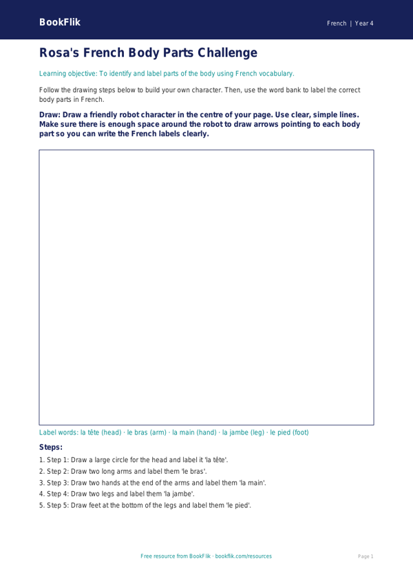 Free Body Parts Drawing Sheet | Year 4 Supported | BookFlik worksheet preview — French Body Parts