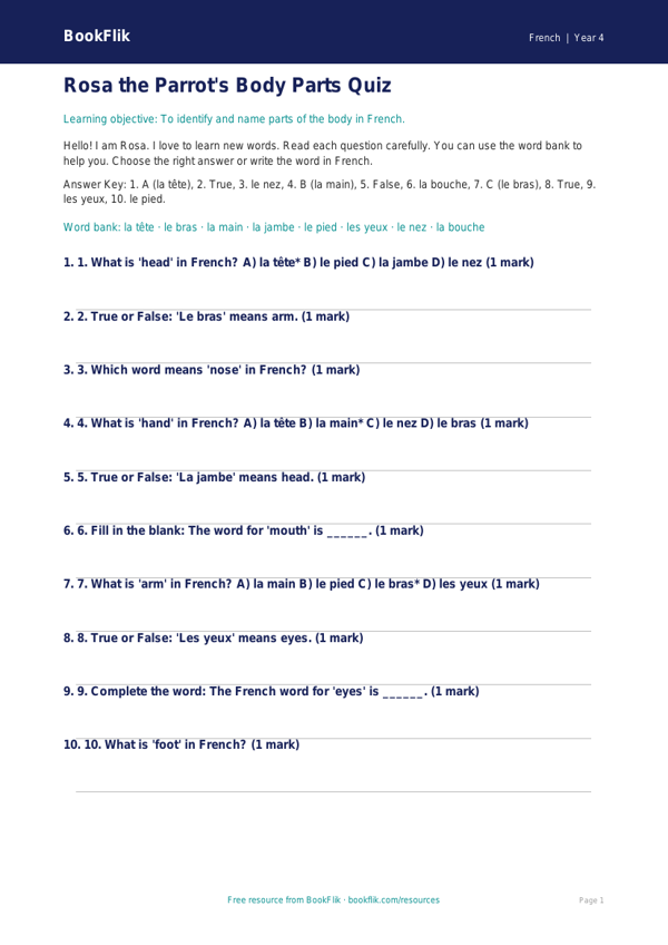 Free Body Parts Quiz | Year 4 Supported | BookFlik worksheet preview — French Body Parts