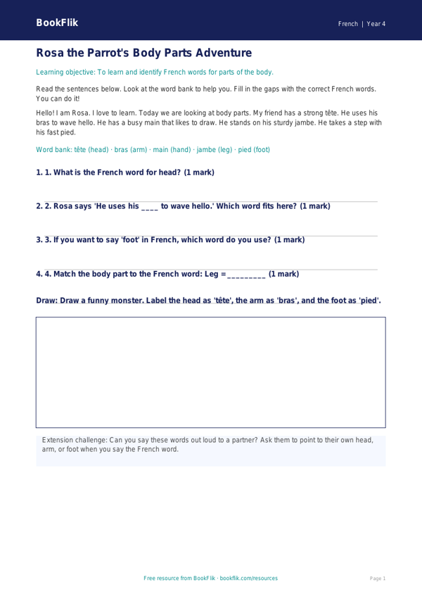 Free Body Parts Track Sheet | Year 4 Supported | BookFlik worksheet preview — French Body Parts