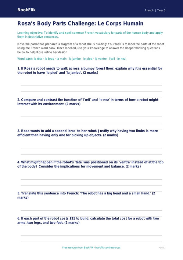 Free Body Parts Activity Sheet | Year 5 Greater Depth | BookFlik worksheet preview — French Body Parts