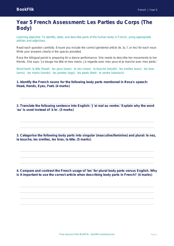 Free Body Parts Assessment | Year 5 Greater Depth | BookFlik worksheet preview — French Body Parts