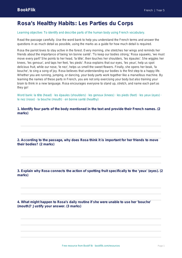 Free Body Parts Comprehension | Year 5 Greater Depth | BookFlik worksheet preview — French Body Parts