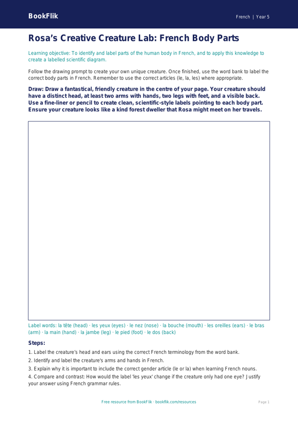 Free Body Parts Drawing Sheet | Year 5 Greater Depth | BookFlik worksheet preview — French Body Parts