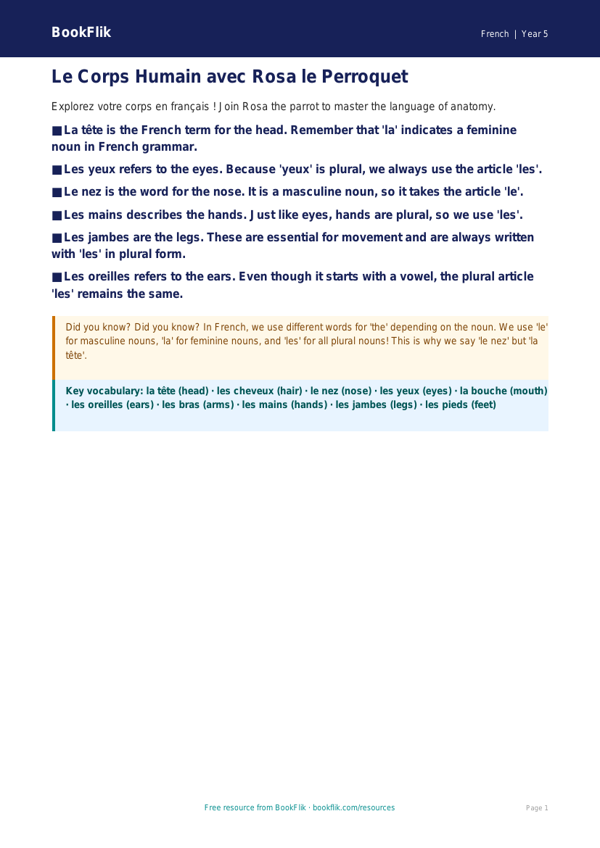 Free Body Parts Poster | Year 5 Greater Depth | BookFlik worksheet preview — French Body Parts