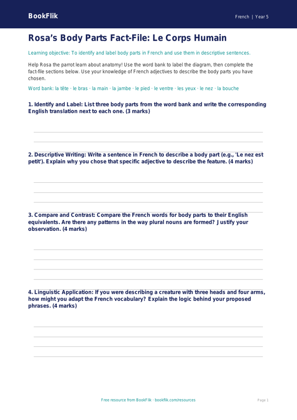 Free Body Parts Template | Year 5 Greater Depth | BookFlik worksheet preview — French Body Parts