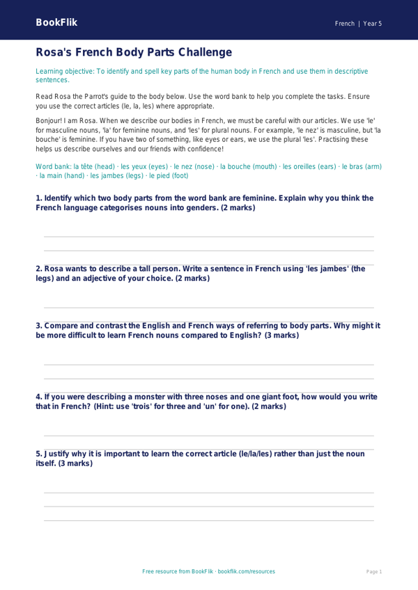 Free Body Parts Track Sheet | Year 5 Greater Depth | BookFlik worksheet preview — French Body Parts