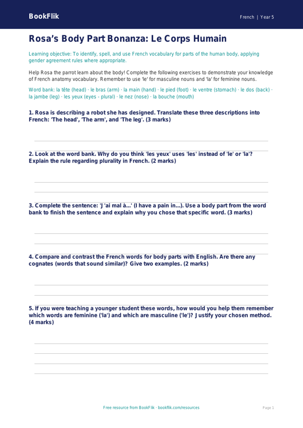 Free Body Parts Worksheet | Year 5 Greater Depth | BookFlik worksheet preview — French Body Parts