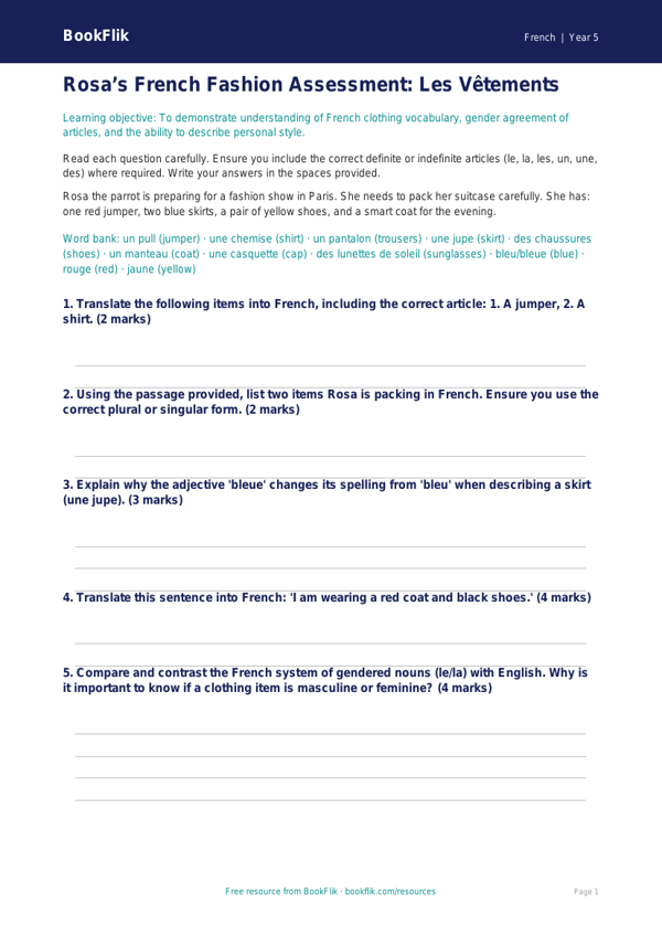 Free Clothes Assessment | Year 5 Greater Depth | BookFlik worksheet preview — French Clothes