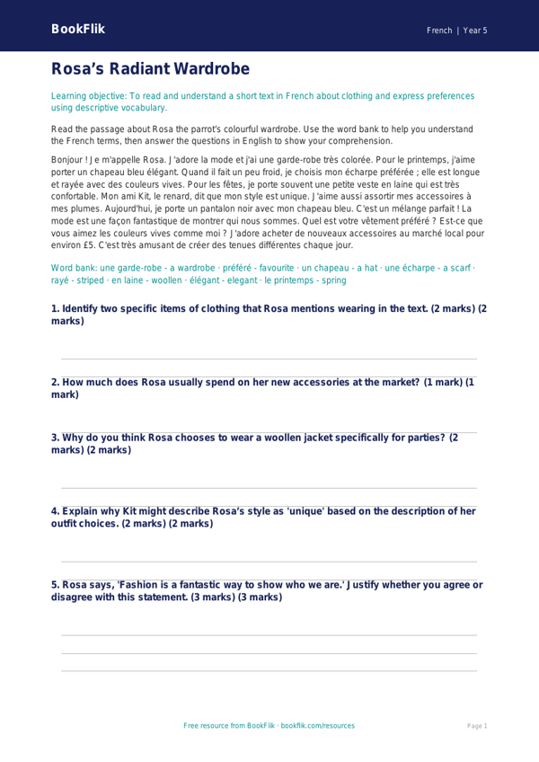 Free Clothes Comprehension | Year 5 Greater Depth | BookFlik worksheet preview — French Clothes