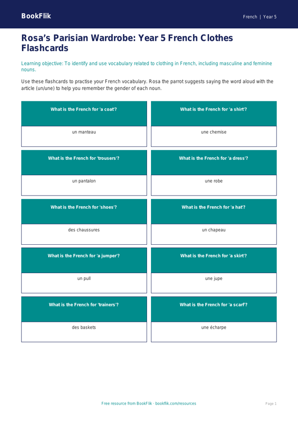 Free Clothes Flashcards | Year 5 Greater Depth | BookFlik worksheet preview — French Clothes