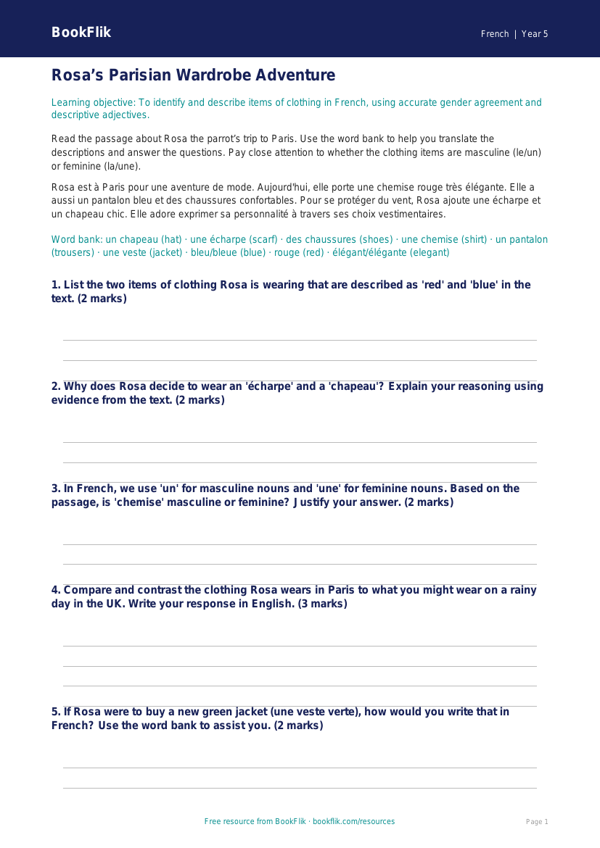 Free Clothes Track Sheet | Year 5 Greater Depth | BookFlik worksheet preview — French Clothes