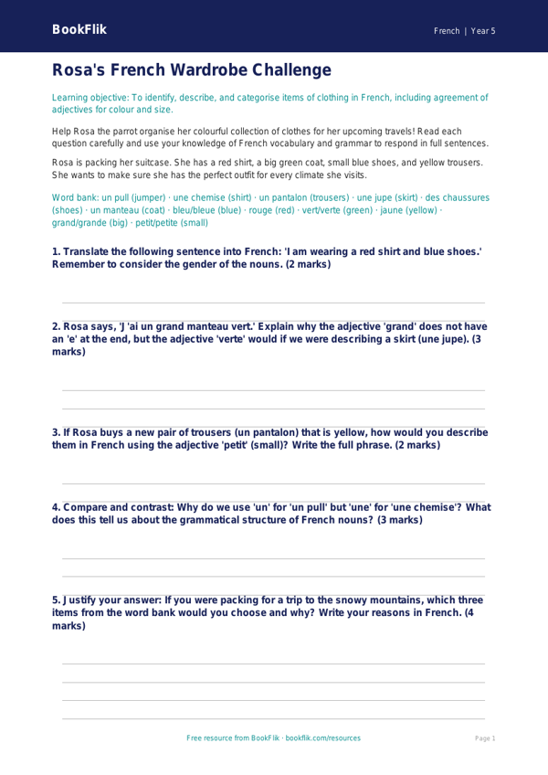 Free Clothes Worksheet | Year 5 Greater Depth | BookFlik worksheet preview — French Clothes