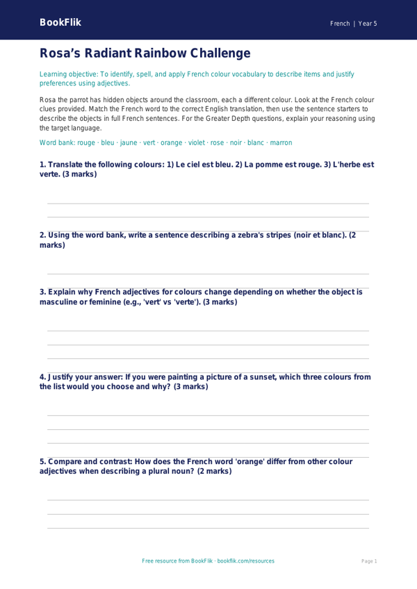 Free Colours Activity Sheet | Year 5 Greater Depth | BookFlik worksheet preview — French Colours
