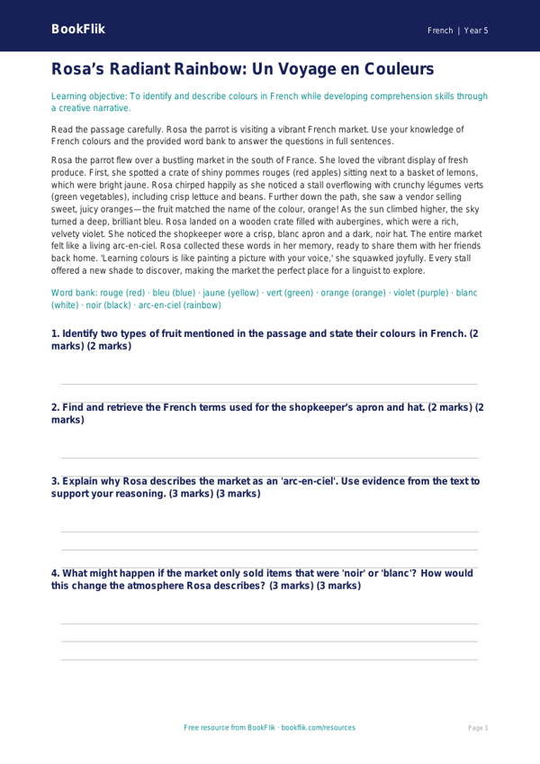 Free Colours Comprehension | Year 5 Greater Depth | BookFlik worksheet preview — French Colours