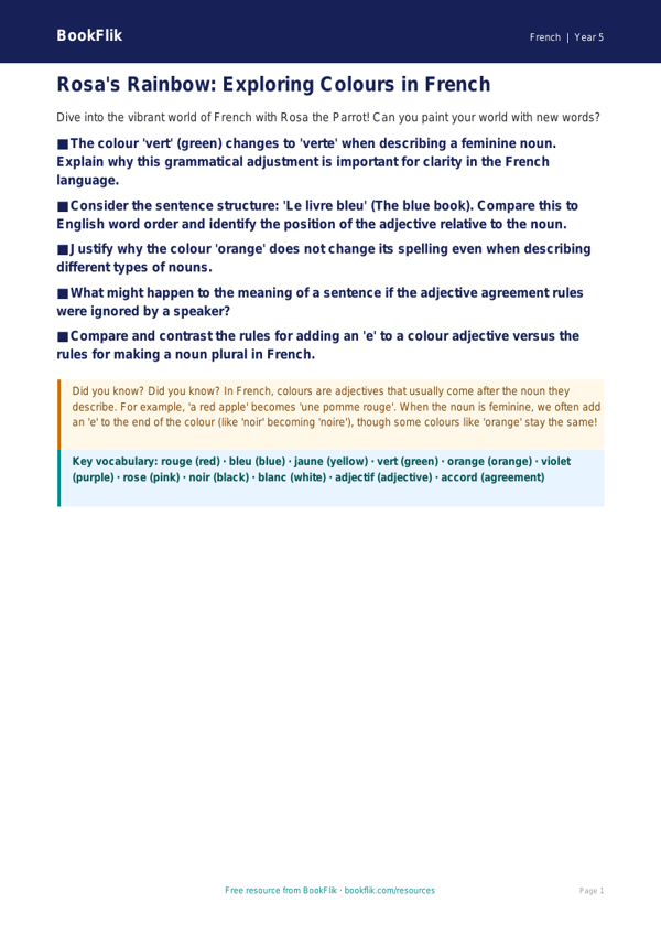 Free Colours Poster | Year 5 Greater Depth | BookFlik worksheet preview — French Colours