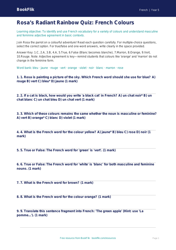 Free Colours Quiz | Year 5 Greater Depth | BookFlik worksheet preview — French Colours