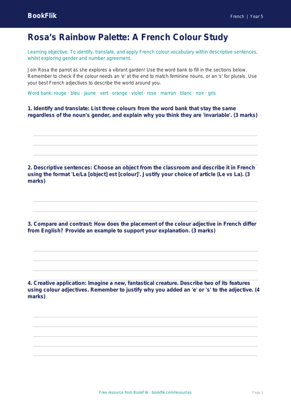 Free Colours Template | Year 5 Greater Depth | BookFlik worksheet preview — French Colours