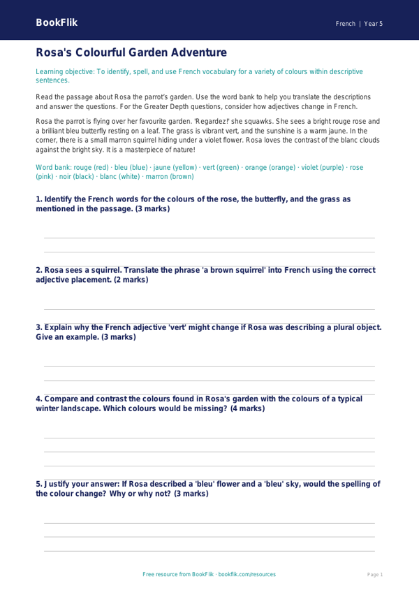 Free Colours Track Sheet | Year 5 Greater Depth | BookFlik worksheet preview — French Colours
