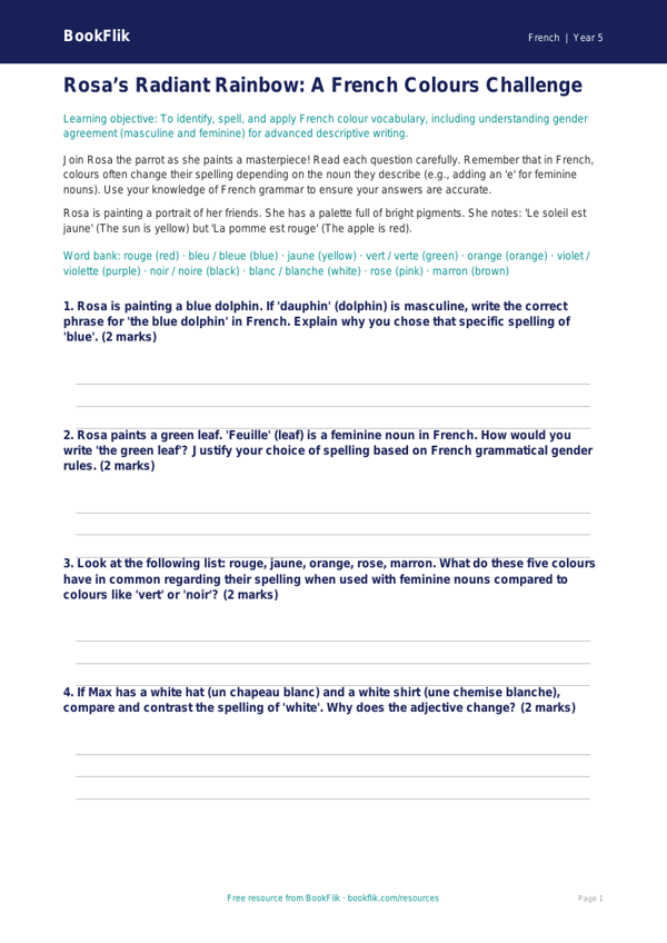 Free Colours Worksheet | Year 5 Greater Depth | BookFlik worksheet preview — French Colours