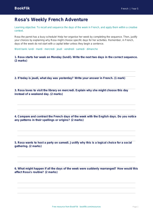 Free Days Of The Week Activity Sheet | Year 5 Greater Depth | BookFlik worksheet preview — French Days Of The Week
