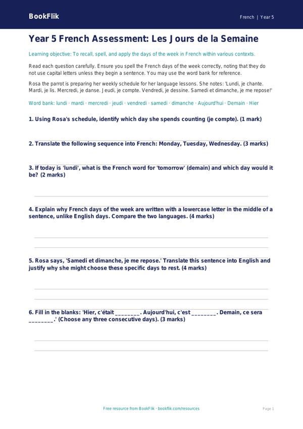 Free Days Of The Week Assessment | Year 5 Greater Depth | BookFlik worksheet preview — French Days Of The Week