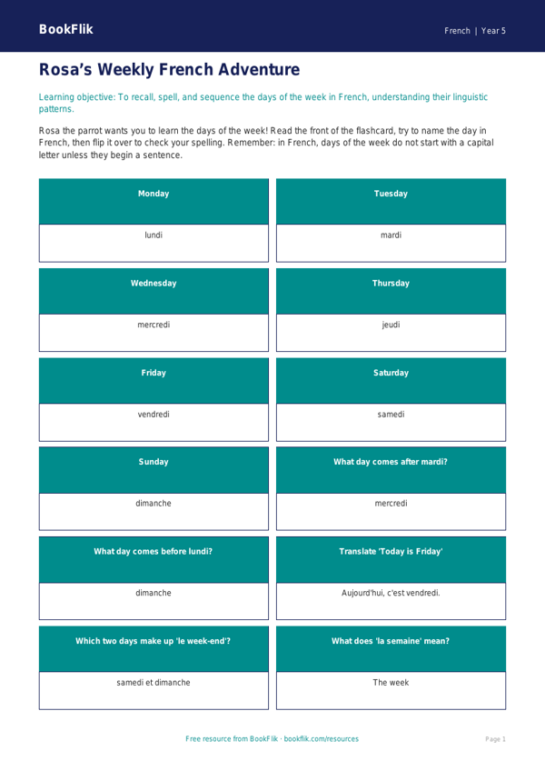 Free Days Of The Week Flashcards | Year 5 Greater Depth | BookFlik worksheet preview — French Days Of The Week
