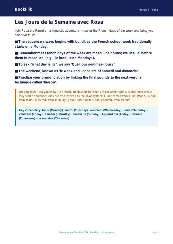 Free Days Of The Week Poster | Year 5 Greater Depth | BookFlik worksheet preview — French Days Of The Week
