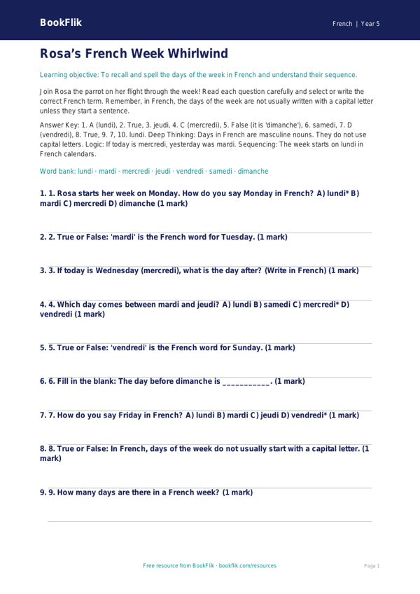 Free Days Of The Week Quiz | Year 5 Greater Depth | BookFlik worksheet preview — French Days Of The Week