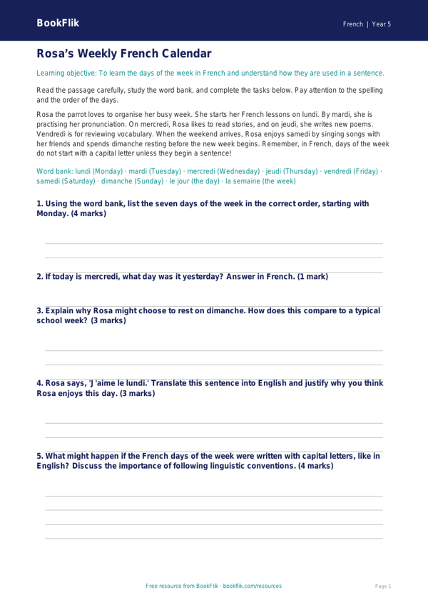 Free Days Of The Week Track Sheet | Year 5 Greater Depth | BookFlik worksheet preview — French Days Of The Week