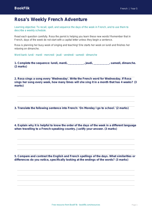 Free Days Of The Week Worksheet | Year 5 Greater Depth | BookFlik worksheet preview — French Days Of The Week