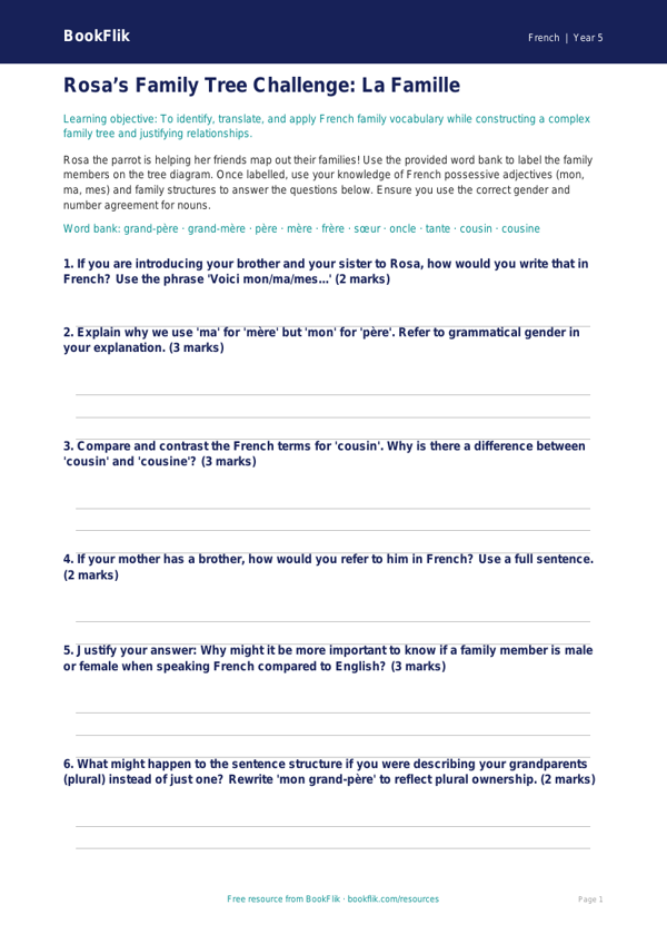 Free Family Activity Sheet | Year 5 Greater Depth | BookFlik worksheet preview — French Family