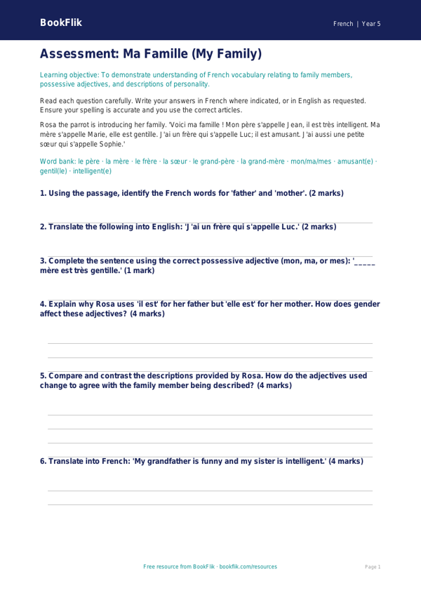 Free Family Assessment | Year 5 Greater Depth | BookFlik worksheet preview — French Family
