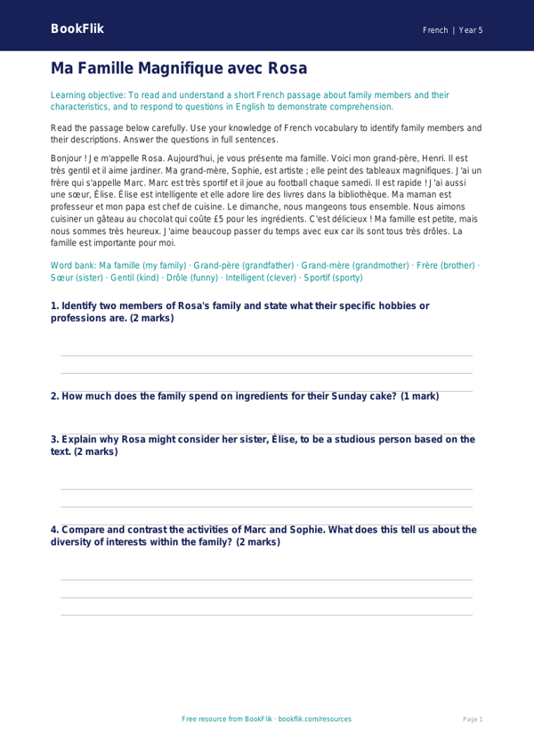 Free Family Comprehension | Year 5 Greater Depth | BookFlik worksheet preview — French Family