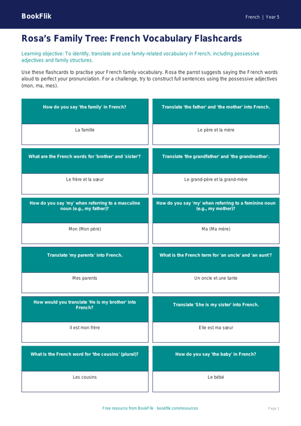 Free Family Flashcards | Year 5 Greater Depth | BookFlik worksheet preview — French Family