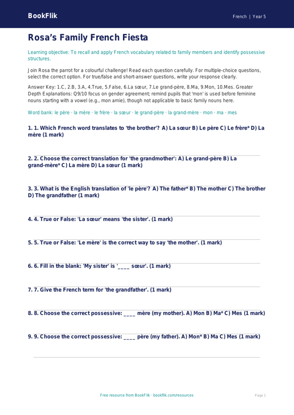Free Family Quiz | Year 5 Greater Depth | BookFlik worksheet preview — French Family
