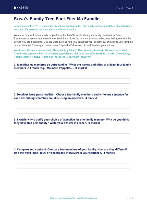 Free Family Template | Year 5 Greater Depth | BookFlik worksheet preview — French Family