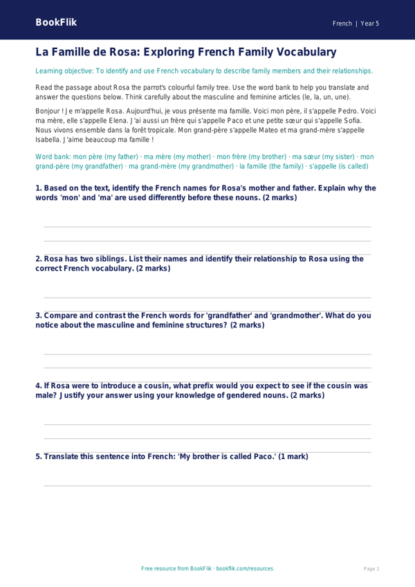 Free Family Track Sheet | Year 5 Greater Depth | BookFlik worksheet preview — French Family