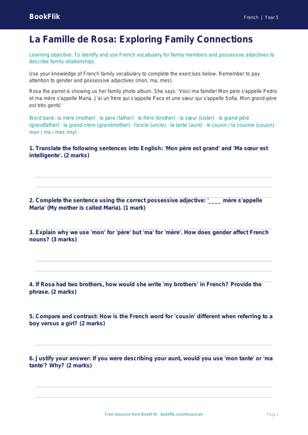 Free Family Worksheet | Year 5 Greater Depth | BookFlik worksheet preview — French Family