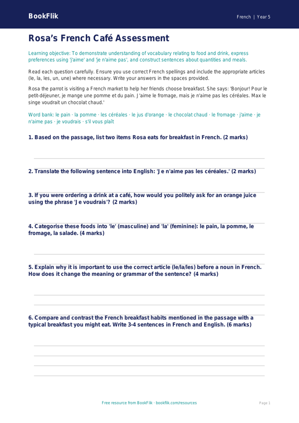 Free Food Assessment | Year 5 Greater Depth | BookFlik worksheet preview — French Food