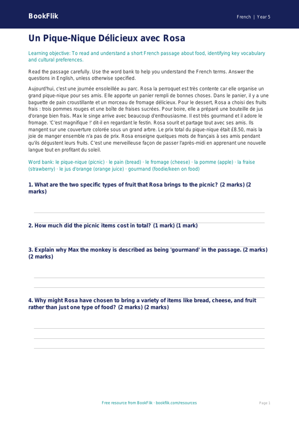 Free Food Comprehension | Year 5 Greater Depth | BookFlik worksheet preview — French Food