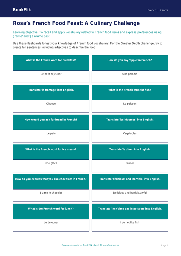 Free Food Flashcards | Year 5 Greater Depth | BookFlik worksheet preview — French Food