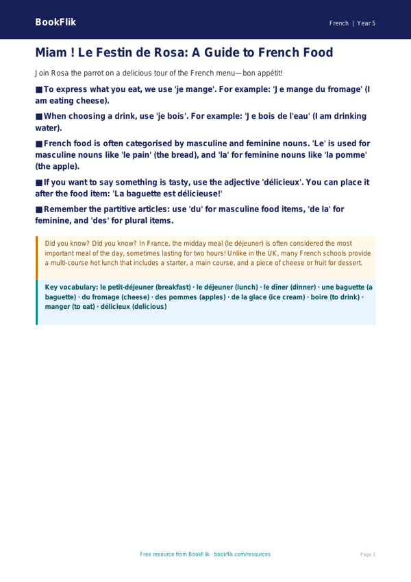 Free Food Poster | Year 5 Greater Depth | BookFlik worksheet preview — French Food